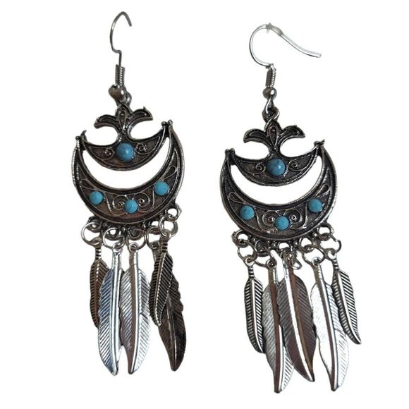 Native American earrings crescent style faux turquoise silver colored feathers - Picture 6 of 6